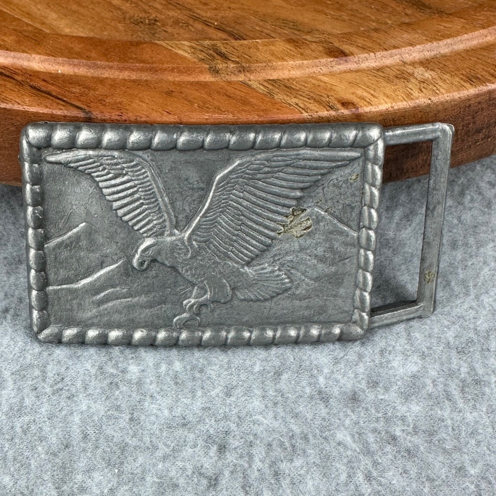 Vintage Eagle Mountain Scene Belt Buckle Pewter Tone Rectangular Rope Border